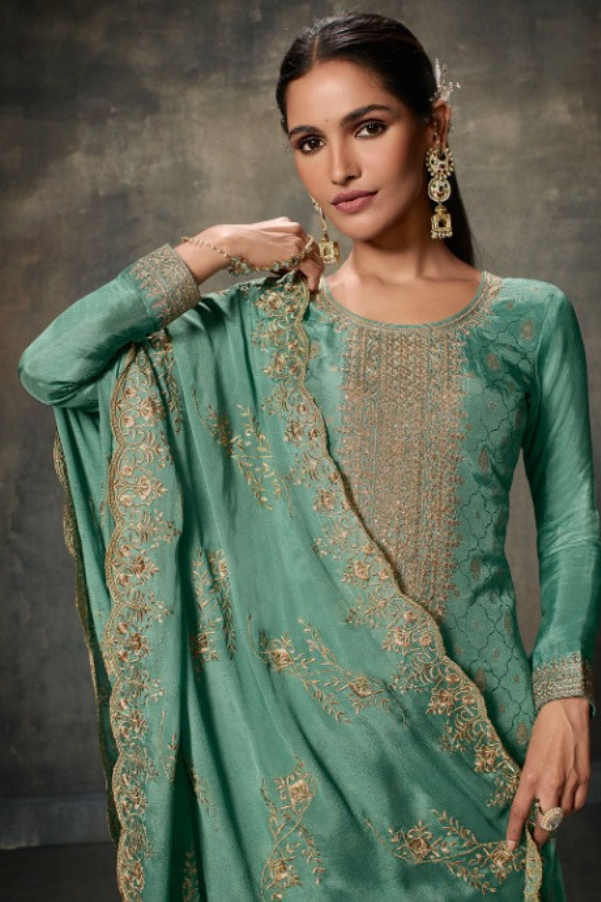 Teal Viscose Kameez with Pant For Indian Suit Festivals & Pakistani Weddings - Embroidery Work