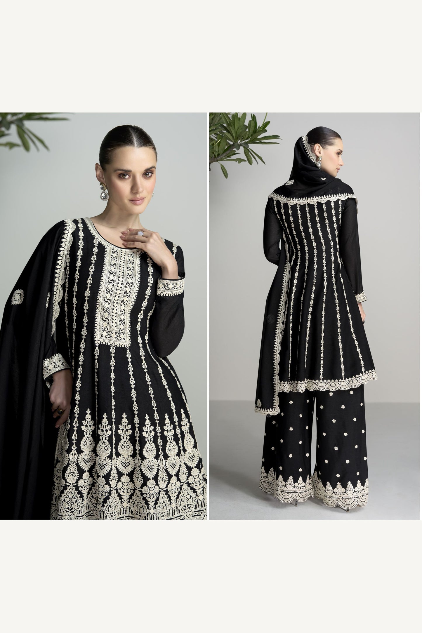 Black Chinon Silk Plazo Suit For Wedding & Festival - Embroidery Work