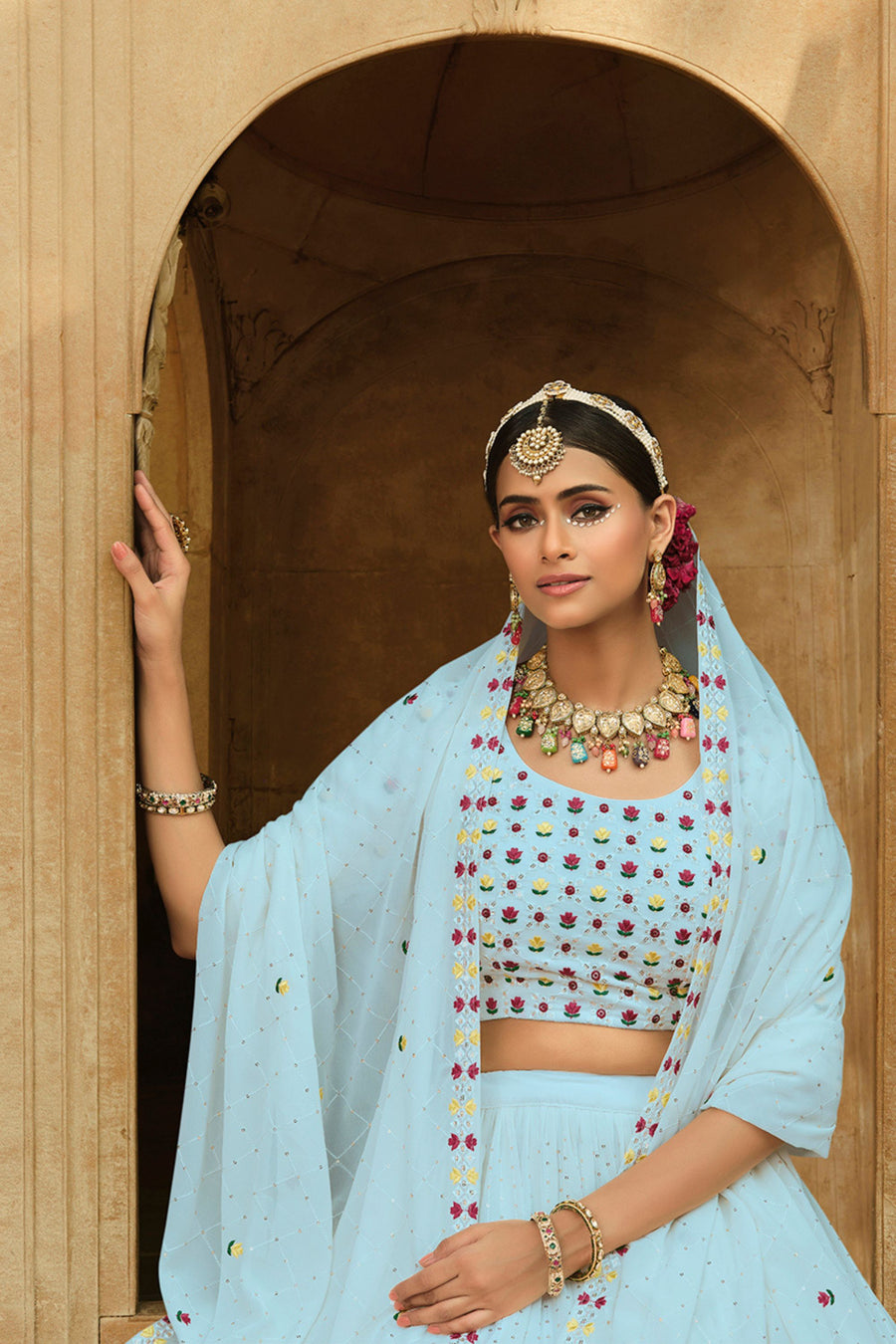 Sky Blue Georgette Floral Embroidered Lehengas Choli For Indian Festivals & Weddings - Thread Work, Sequence Embroidery Work