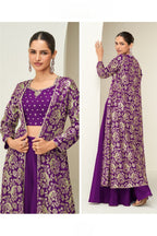 Purple Chinon Silk Crop Top and Palazzo with Long Jacket - Thread & Sequins Work