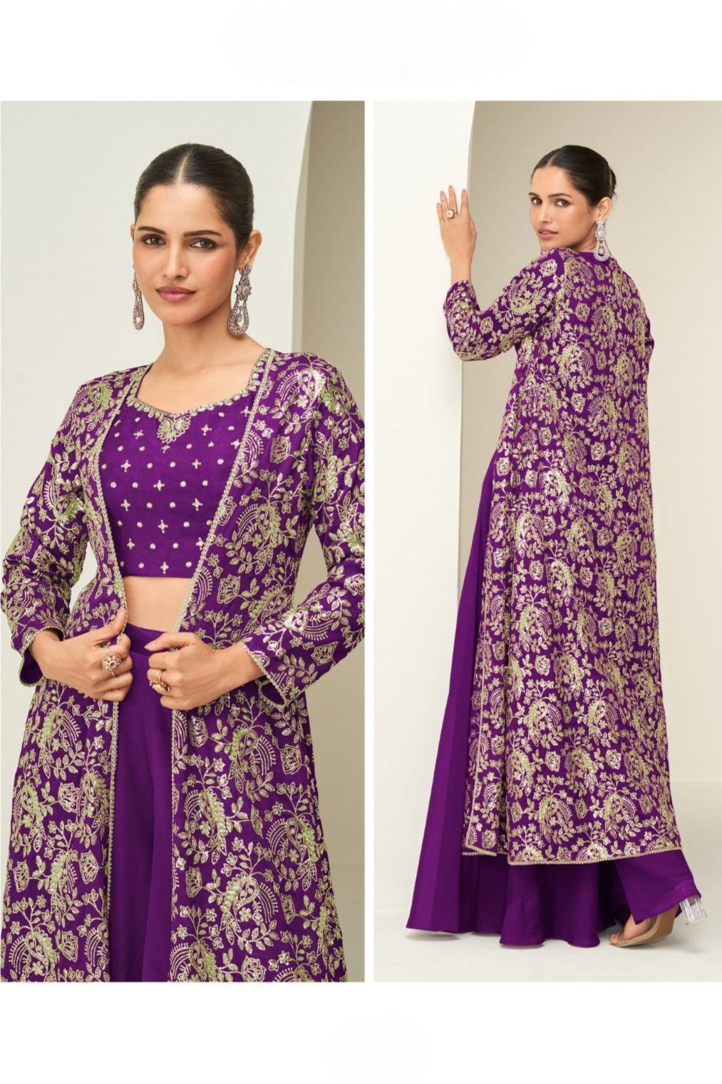 Purple Chinon Silk Crop Top and Palazzo with Long Jacket - Thread & Sequins Work