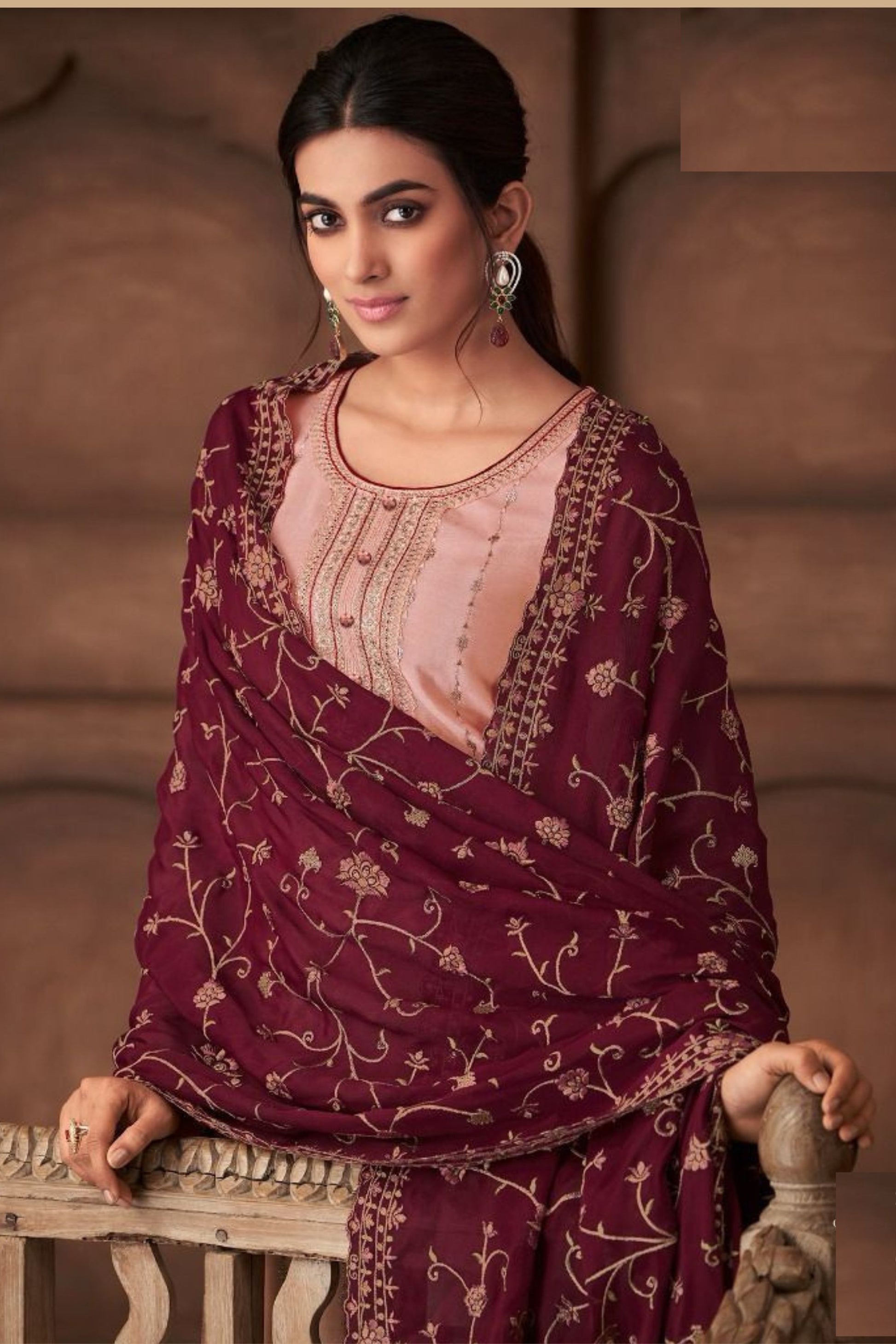 Pink Chinon Silk Kameez with Pant For Indian Suit Festivals & Pakistani Weddings - Embroidery Work