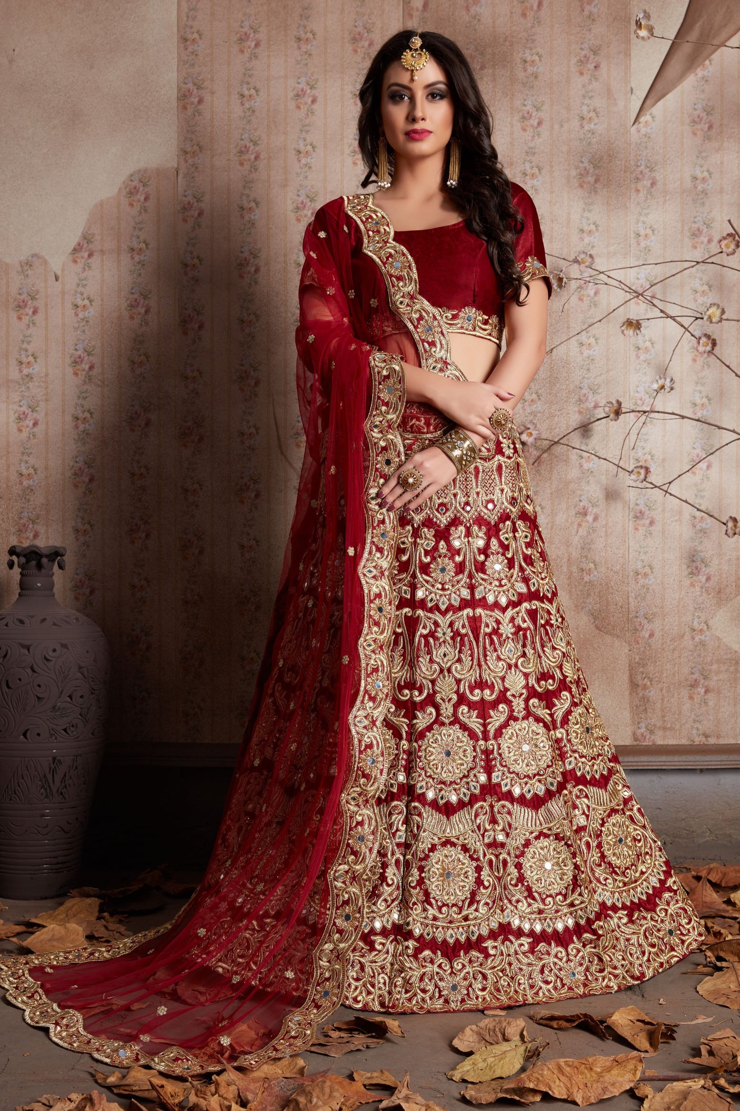 Maroon Velvet Silk Lehenga Choli For Indian Festival & Weddings - , Mirror Work, Zari Work, Dori Work