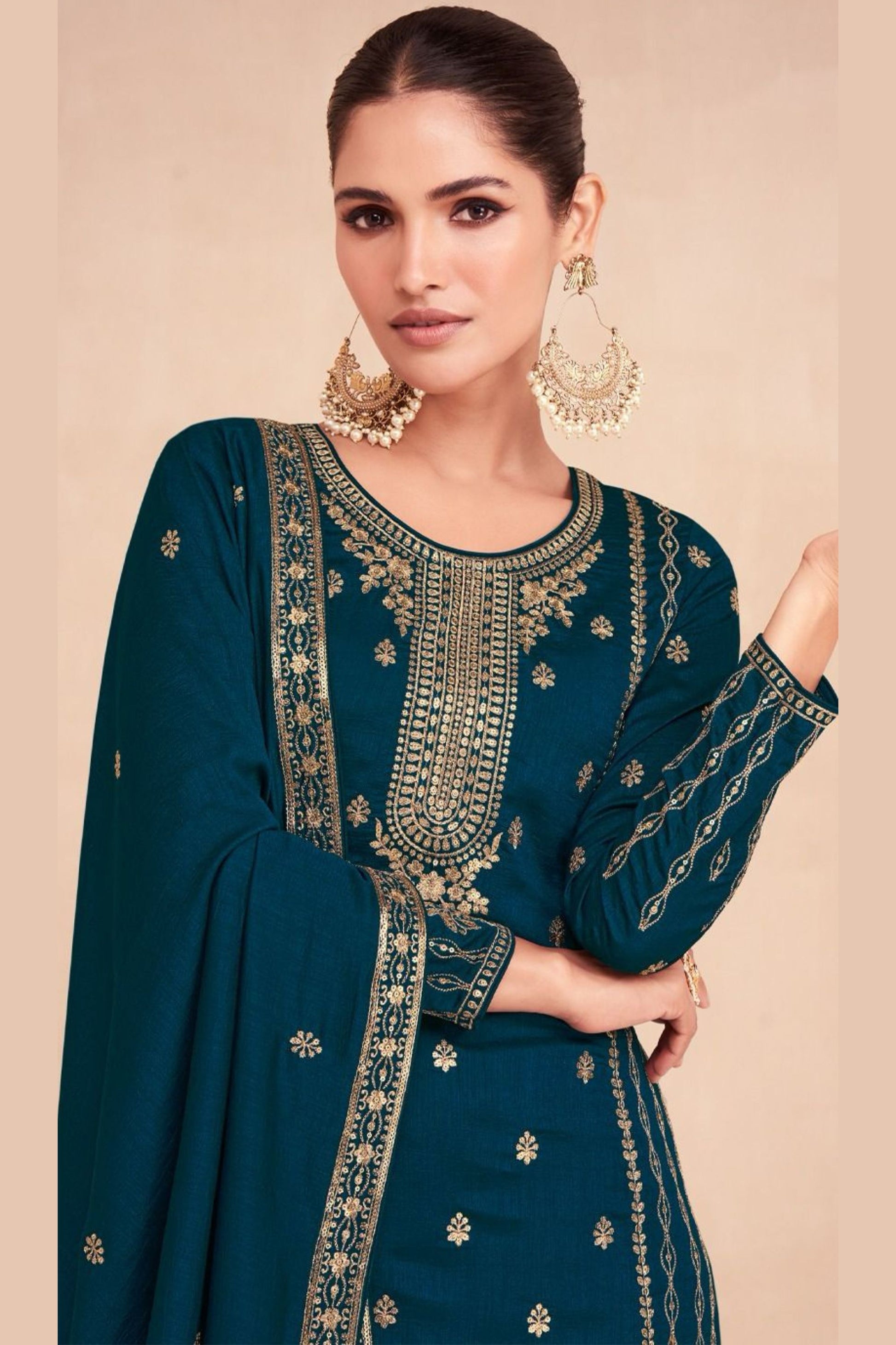 Teal Silk Kameez with Plazzo And Dupatta For Indian Suit Festivals & Pakistani Weddings - Embroidery Work