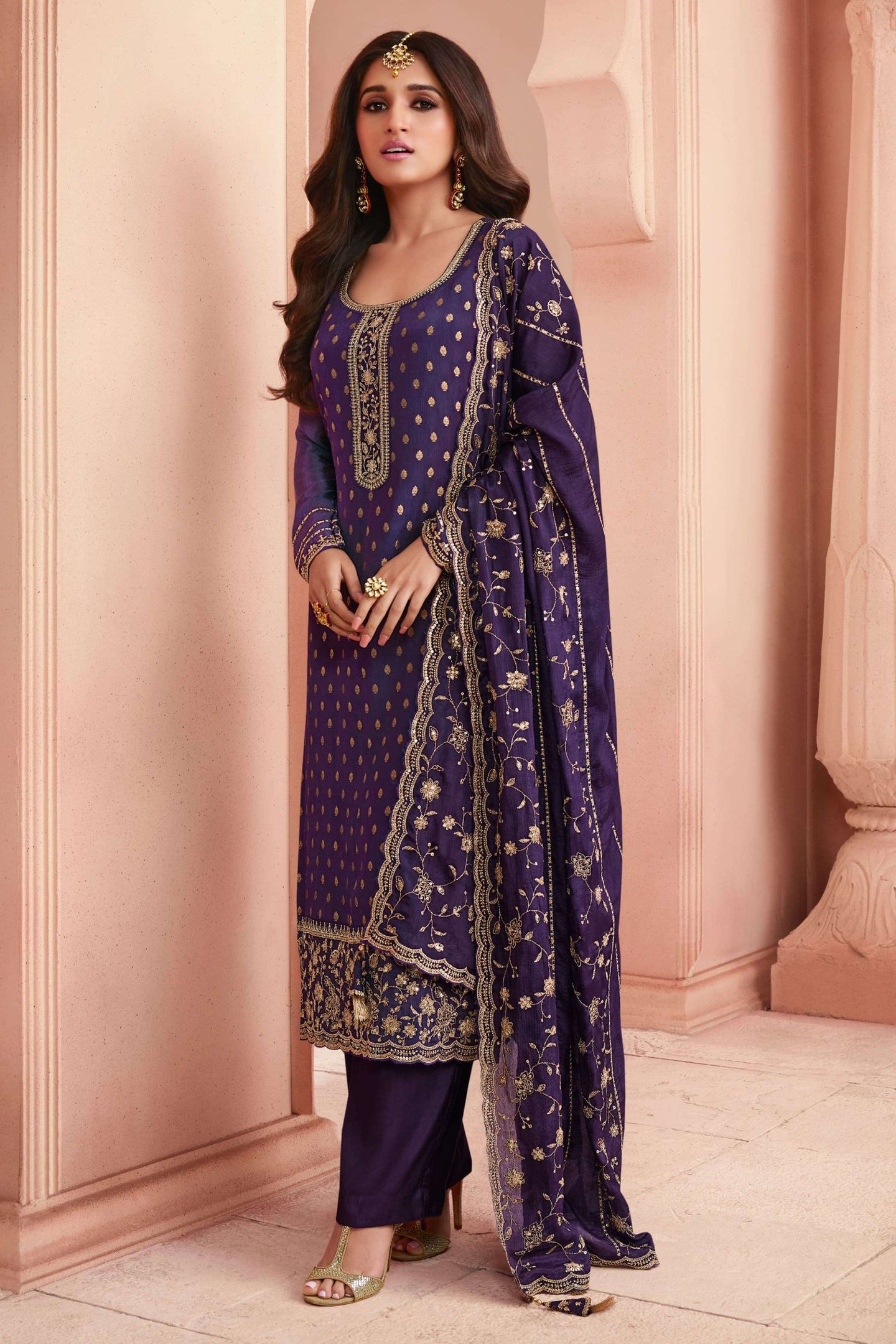 Purple Chinon Silk Kameez with Pant Suit For Indian Festivals & Weddings