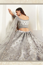 Grey Net Lehenga Choli For Indian Festivals & Weddings - Thread Embroidery Work, Codding Embroidery Work, Butta Work, Stone Work