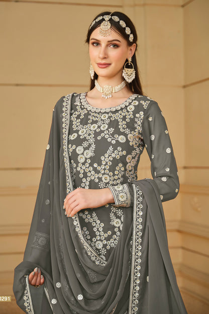 Gray Georgette Sharara Suit For Indian Festivals & Pakistani Weddings - Thread Embroidery Work, Sequence Embroidery Work