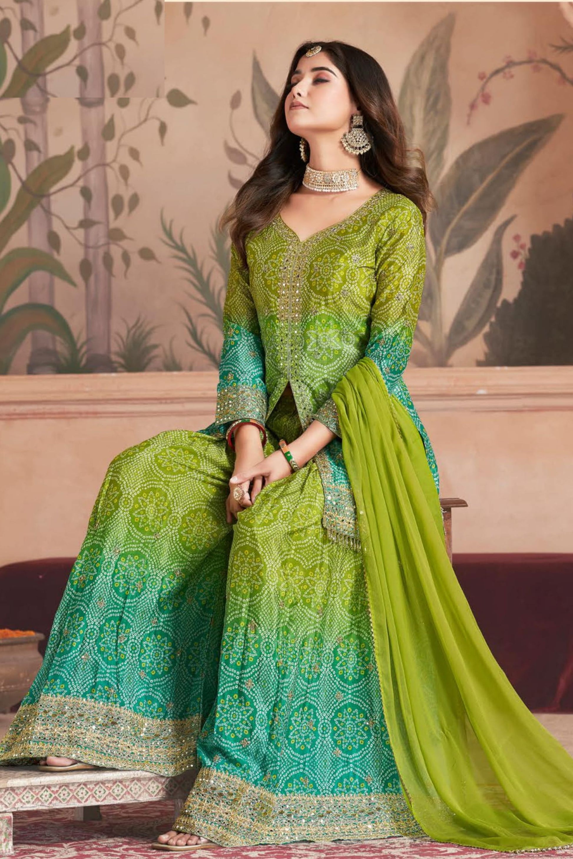 Green Chinon Silk Bandhani Style Pattern Palazzo Suit For Indian Festivals & Weddings - Sequence Embroidery Work, Mirror Work, Print Work