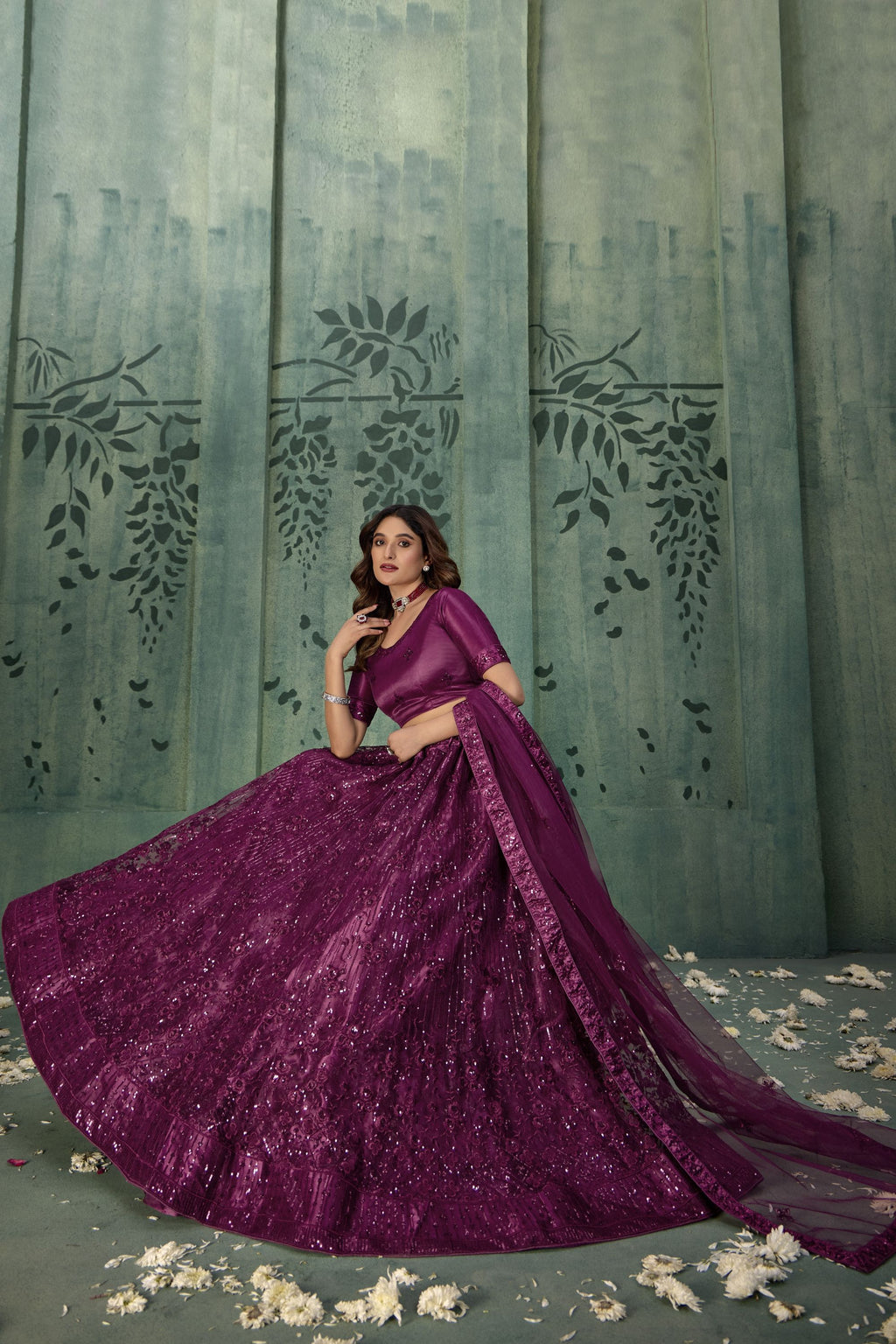 Dark Purple Net Lehenga Choli For Indian Festivals & Pakistani Weddings Dress - Thread Embroidery Work, Sequence Embroidery Work