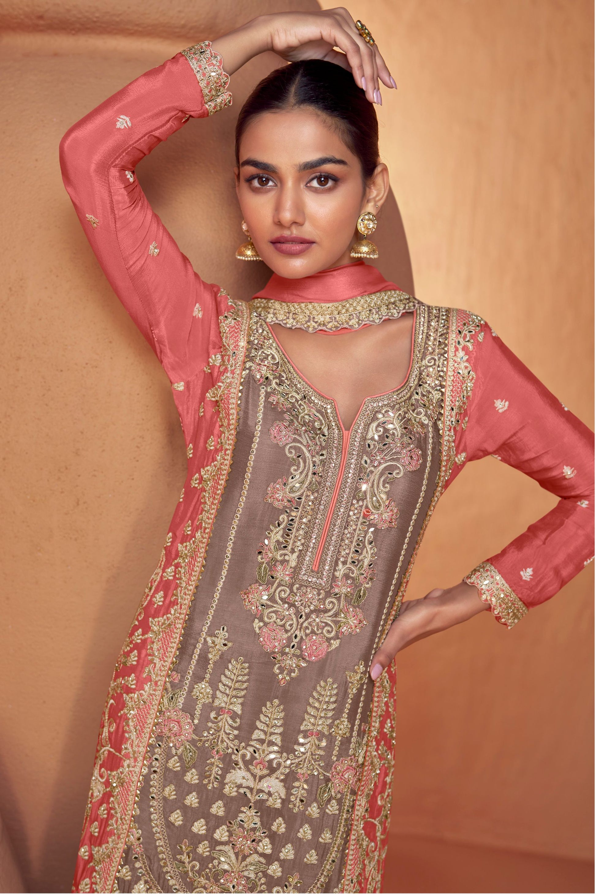 Grey Chinon Traditional Plazo Suits For Pakistani Festivals & Indian Wedding - Embroidery Work