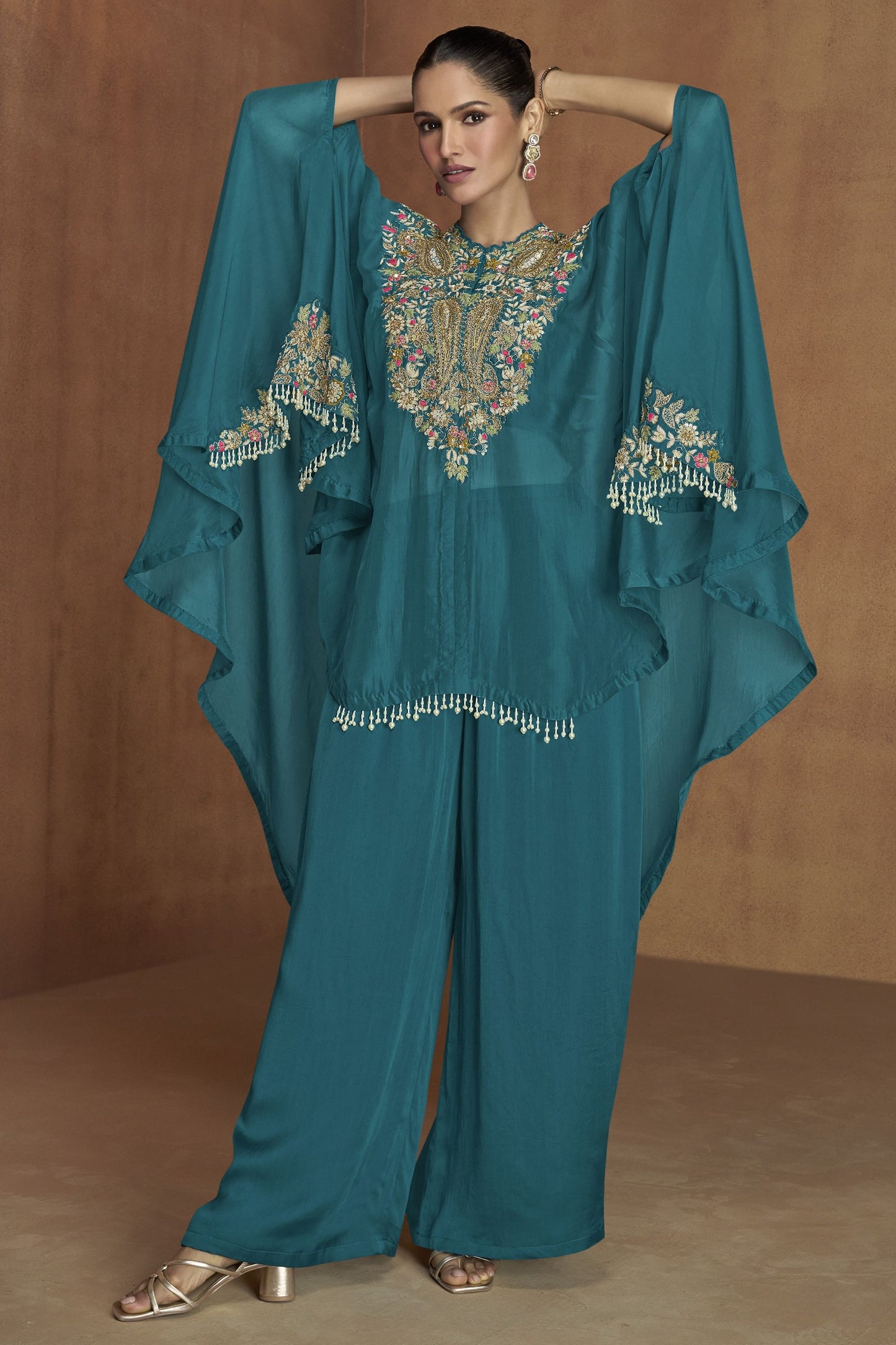 Teal Silk Kaftan Plazo Suit For Indian Weddings & Pakitani Festival - Embroidery Work