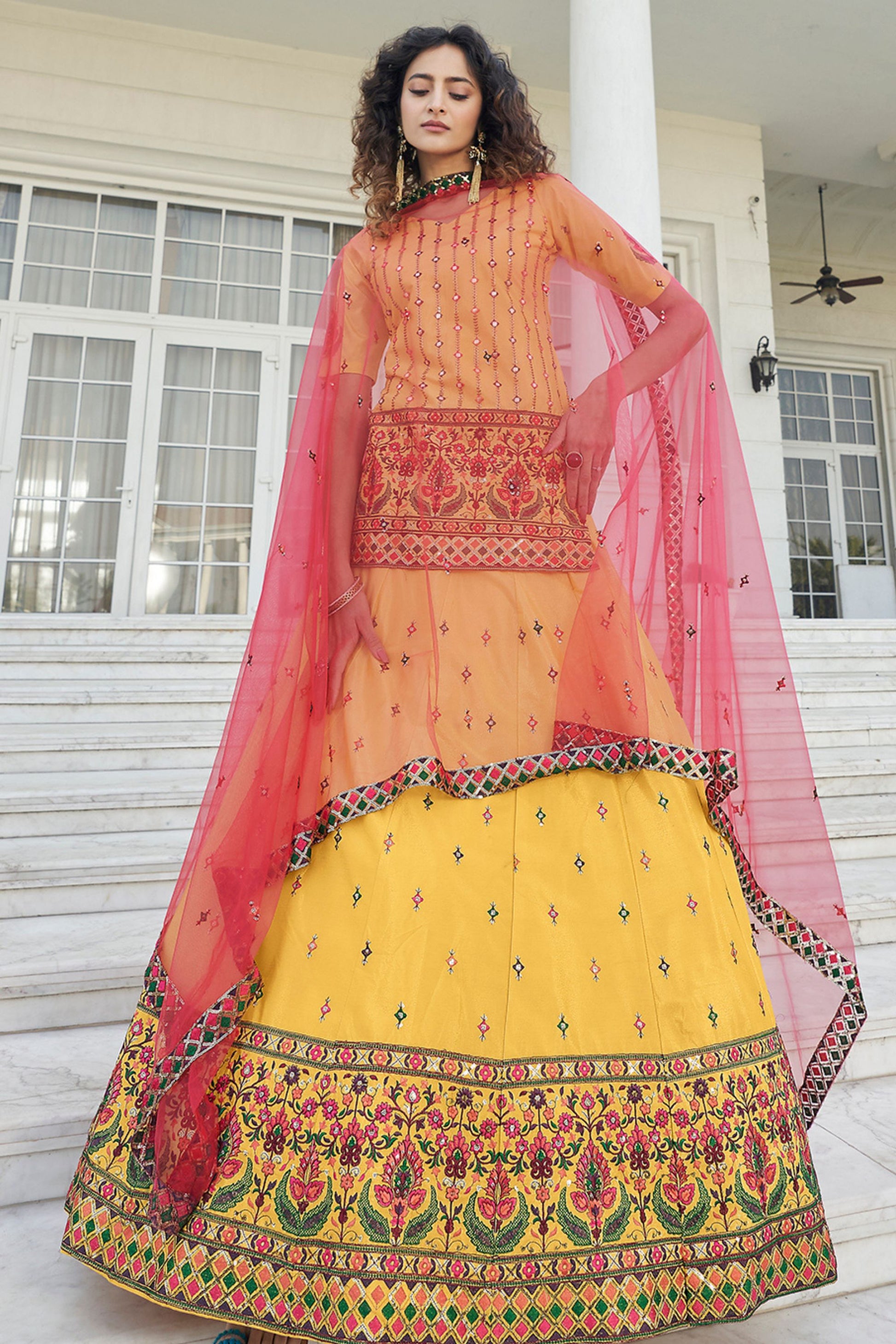 Yellow Pakistani Chinon Lehenga Choli For Indian Festivals & Weddings - Sequence Embroidery Work, Thread Embroidery Work,