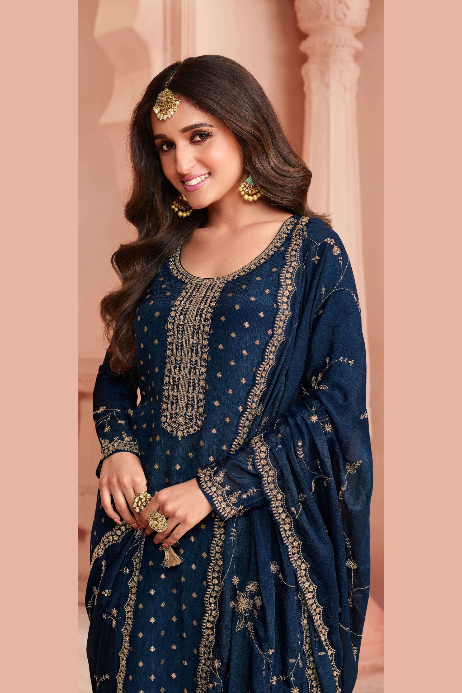 Blue Silk Salwar Kameez Suit For Indian Festivals & Pakistani Weddings Dress - Thread Embroidery Work