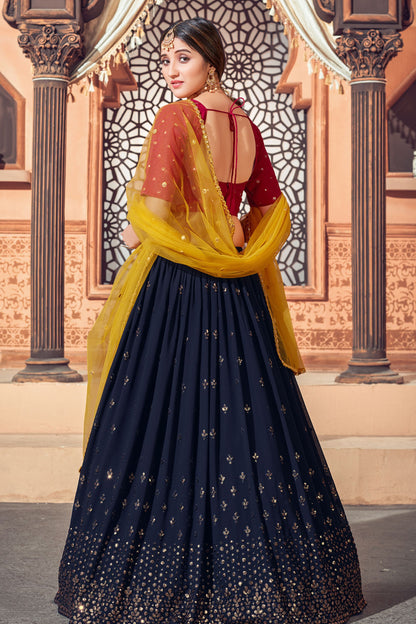 Navy Blue Pakistani Georgette Lehenga Choli For Indian Festivals & Weddings - Sequence Embroidery Work, Thread Embroidery Work,