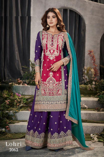 Pink Chinon Silk Plazo Suit For Indian Festivals & Weddings - Sequence Embroidery Work, Mirror Work