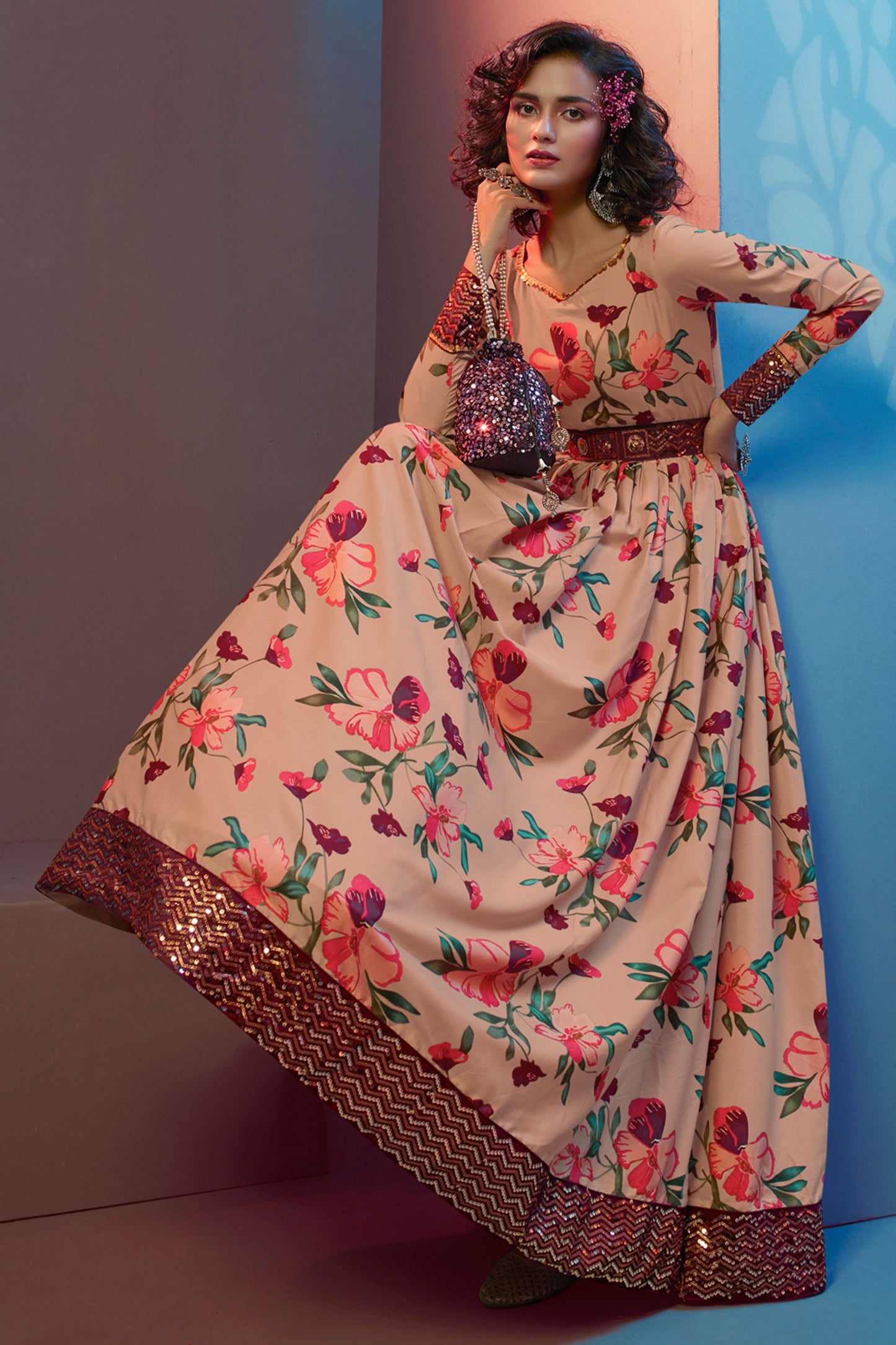 Peach Pakistani Crepe Partywear Gown For Indian Festivals & Weddings - Print Work, Sequence Embroidery Work,