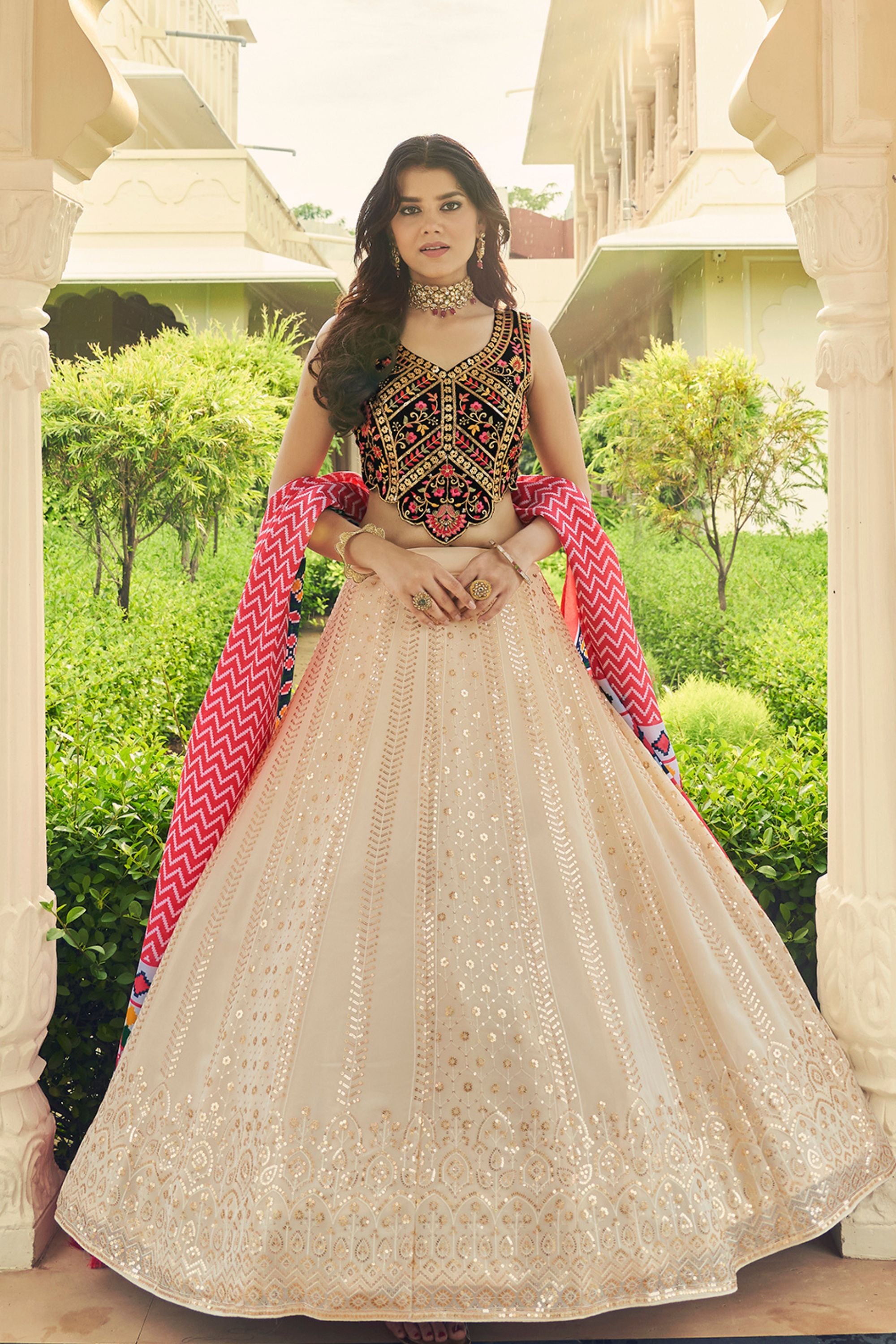 Beige Georgette Lehenga Choli For Indian Weddings & Festivals - Thread Work, Sequence Embroidery Work