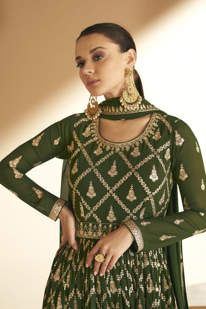 Green Pakistani Georgette Anarkali Gown For Indian Festivals & Weddings - Thread Embroidery Work,