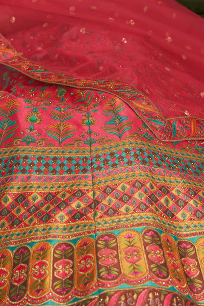 Pink Art Silk Lehenga Choli For Indian Weddings & Festivals - Thread Work, Print Work, Diamond Work