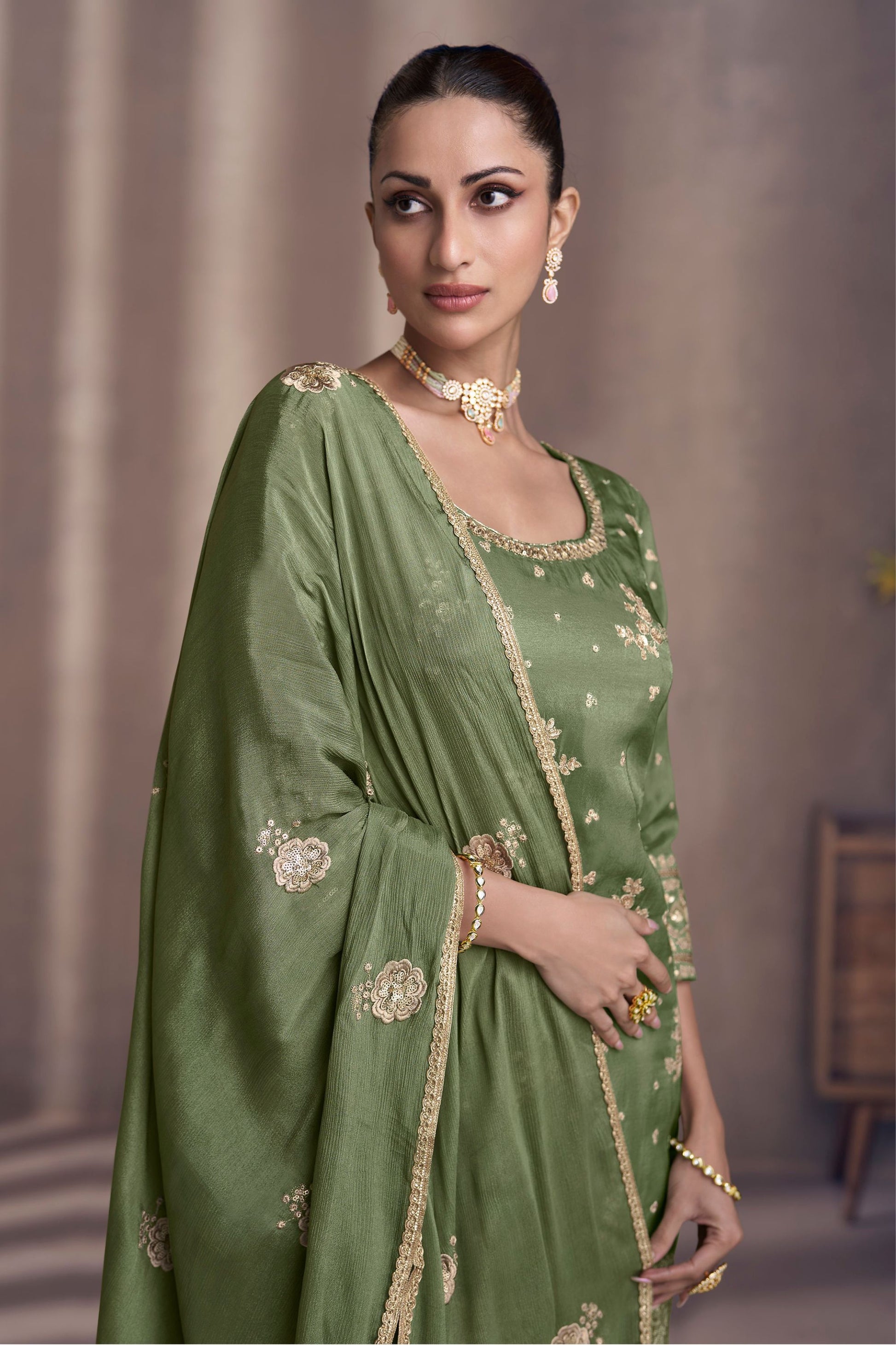 Green Chinon Silk Sharara Suit for Indian Festival & Pakistani Wedding - Embroidery Work