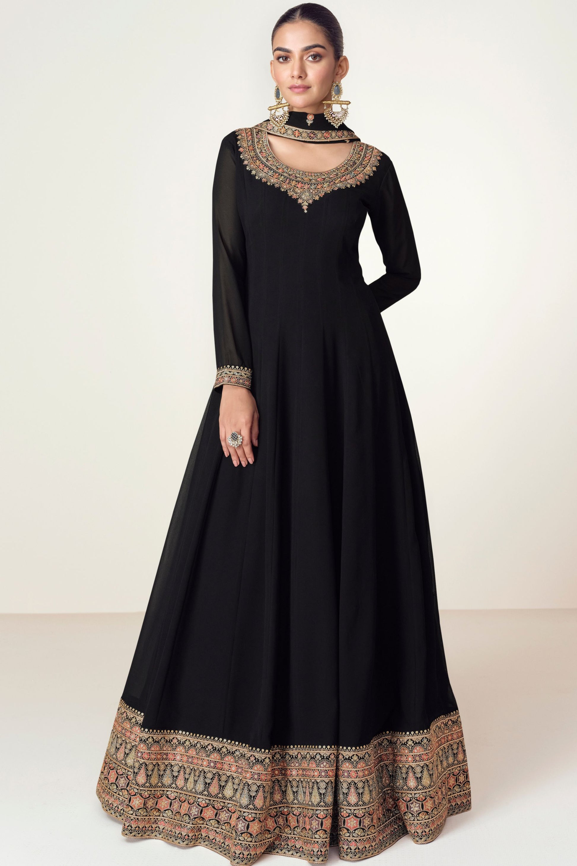 Black Georgette Floor Full Length Anarkali Gown For Indian Festival & Wedding - Embroidery Work