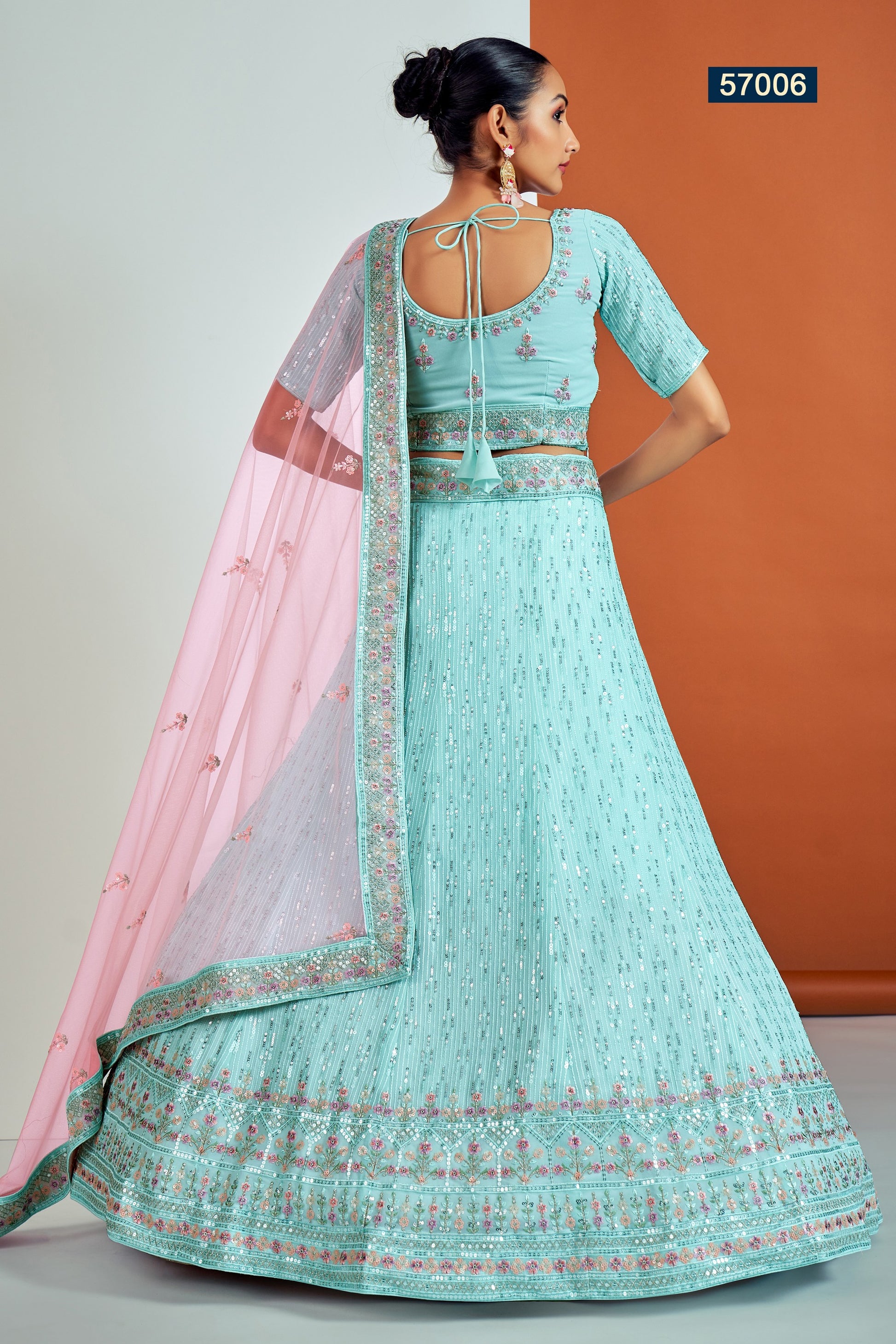 Turquoise Pakistani Georgette Lehenga Choli For Indian Festivals & Weddings - Sequence Embroidery Work, Thread Embroidery Work, Dori Work