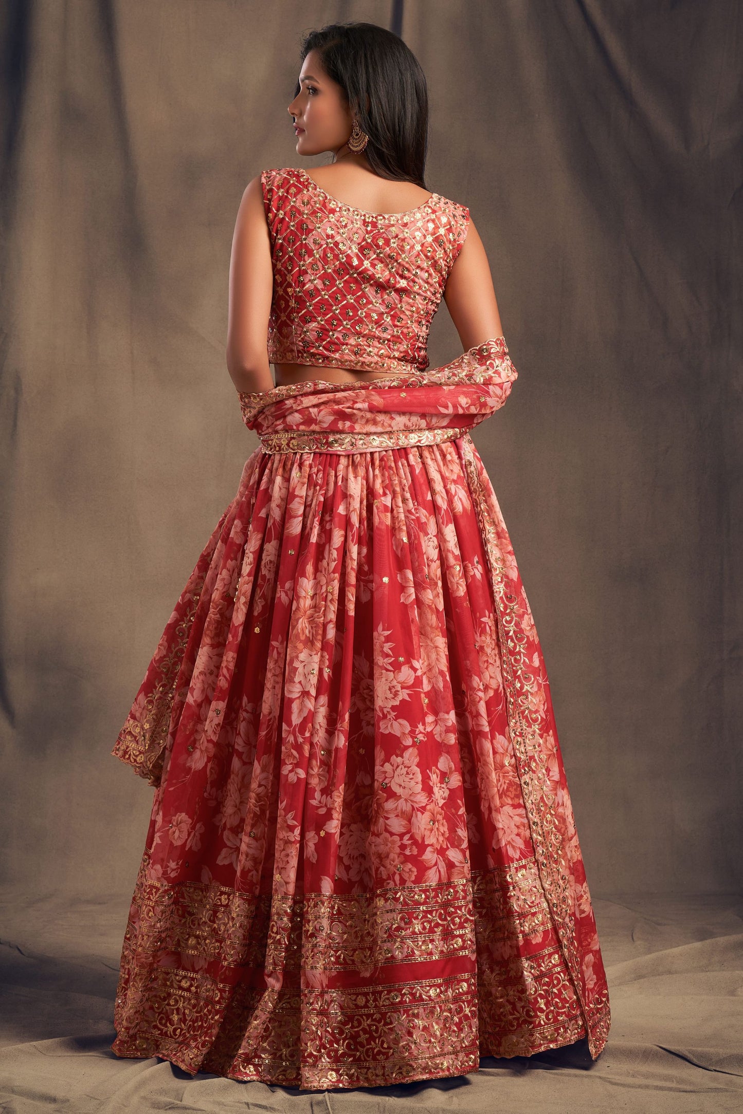 Red Organza Lehenga Choli For Indian Festival & Weddings - Embroidery Work, Print Work