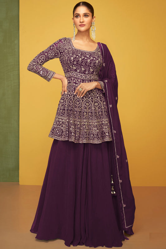 Dark Purple Georgette Kameez with Skirt For Indian Festivals & Pakistani Weddings Dress - Embroidery Work