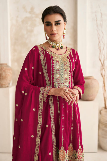 Red Pakistani Silk Salwar Kameez with Pant For Indian Festivals & Weddings - Thread Embroidery Work