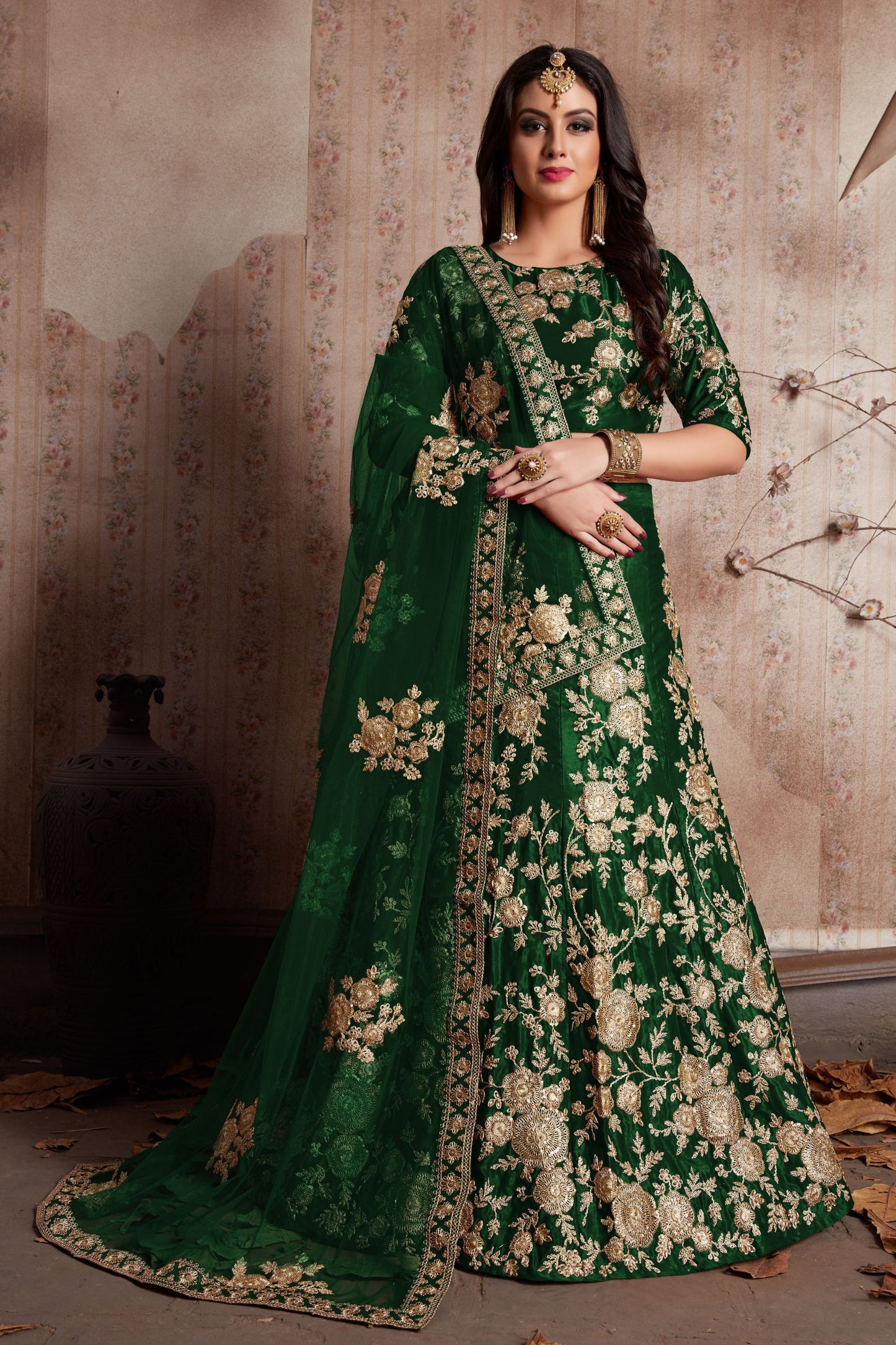 Green Velvet Silk Lehenga Choli For Indian Festival & Weddings - Sequence Embroidery Work, Lace Work, Dori Work