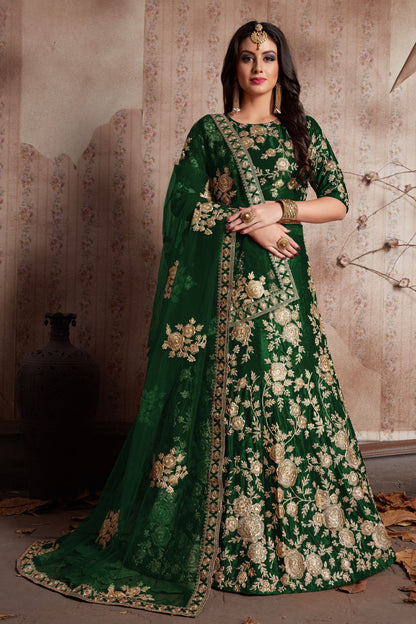 Green Velvet Silk Lehenga Choli For Indian Festival & Weddings - Sequence Embroidery Work, Lace Work, Dori Work