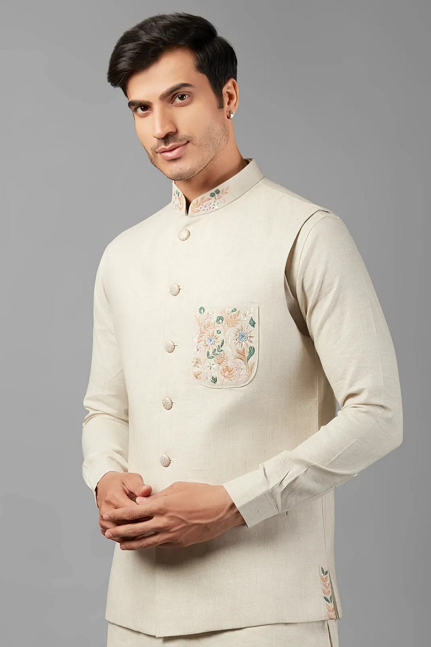 Off White Linen Men's Wedding Suit Waistcoat, Kurta with Pant - Embroidery Work