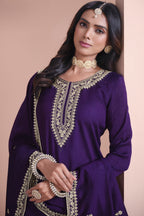 Dark Purple Art Silk Palazzo Suit For Indian Wedding & Pakistani Festival - Embroidery Work