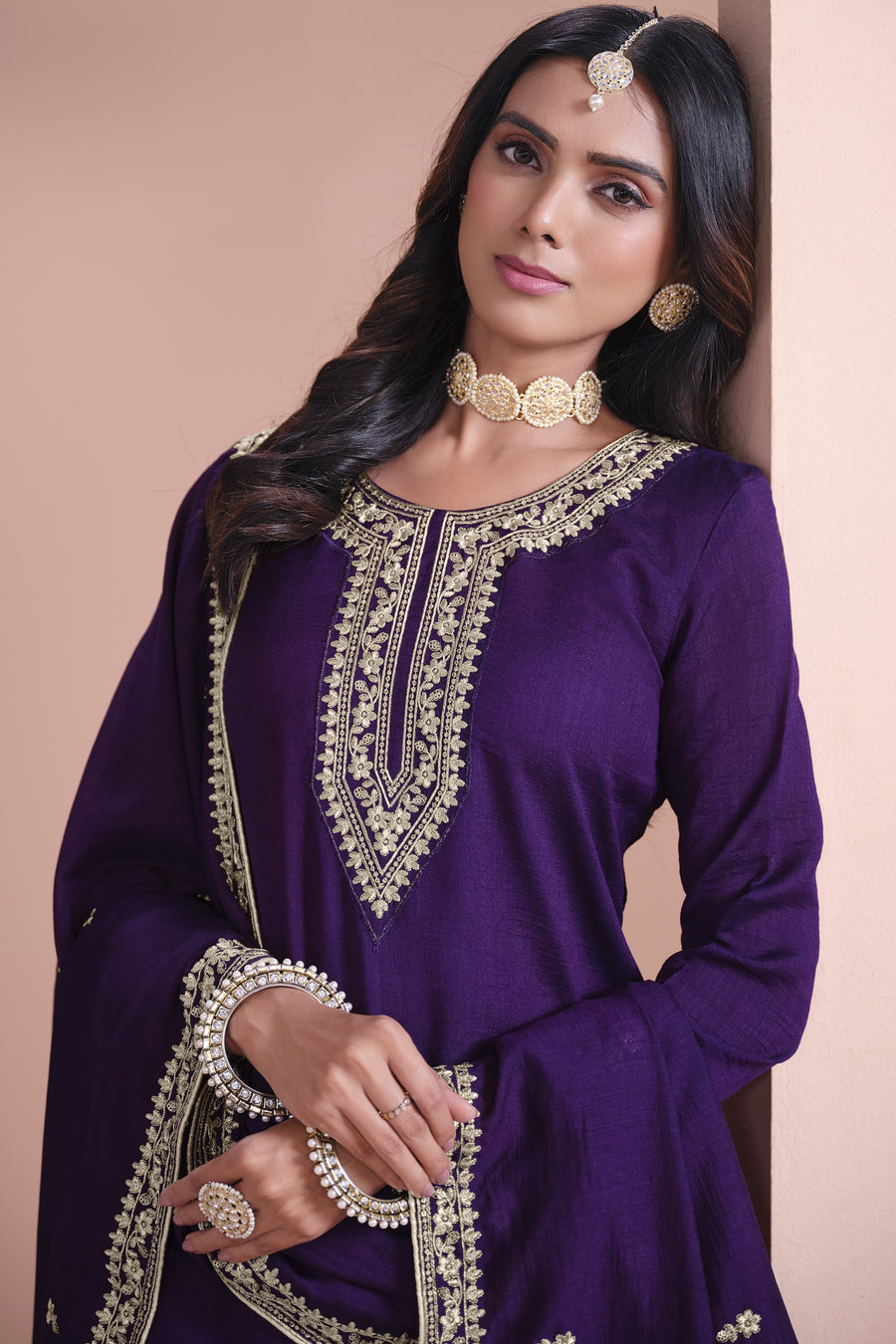 Dark Purple Art Silk Palazzo Suit For Indian Wedding & Pakistani Festival - Embroidery Work