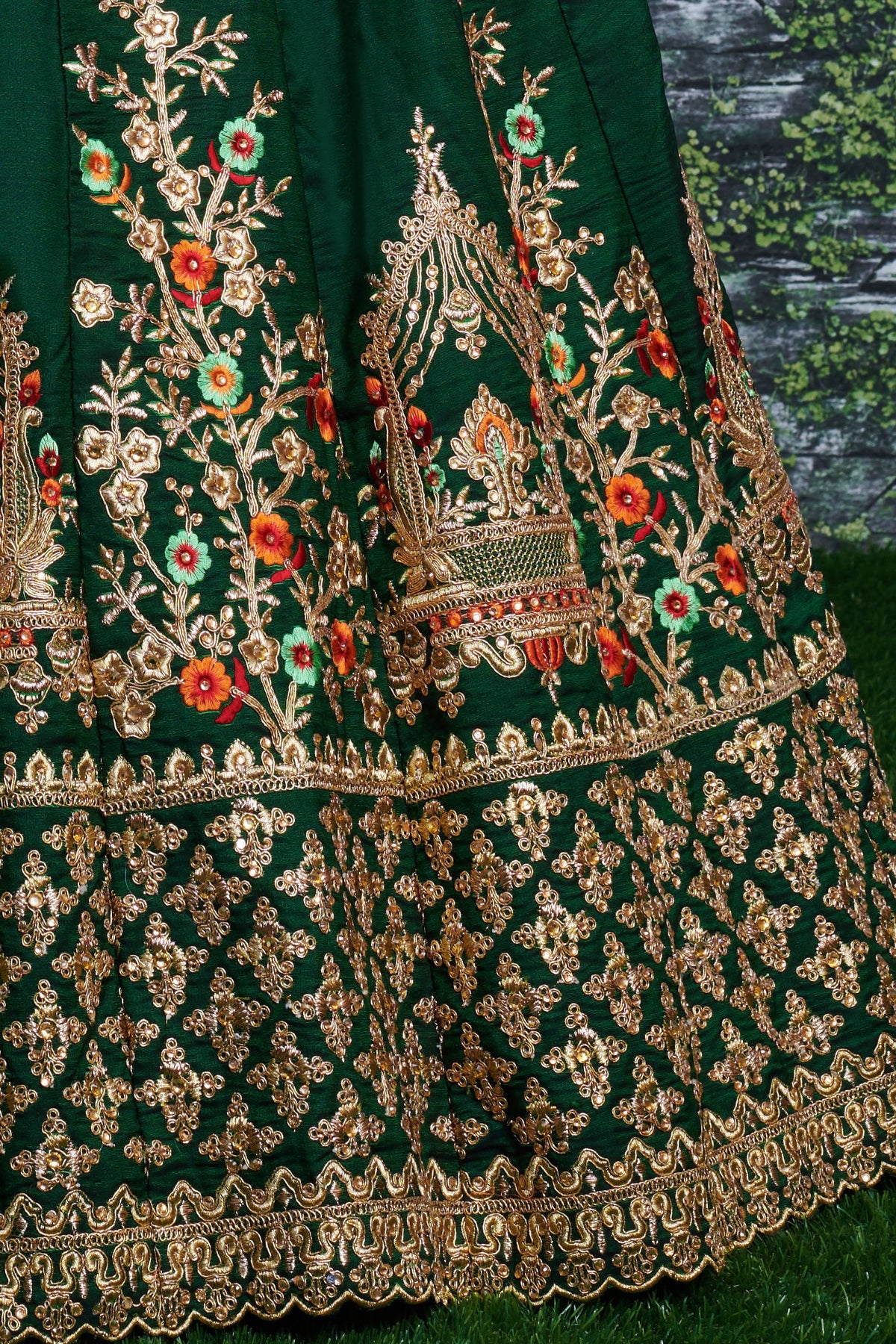 Dark Green Ghagra Choli for Ladies in Taffeta Satin Silk with Dori, Zari Work & Sequin