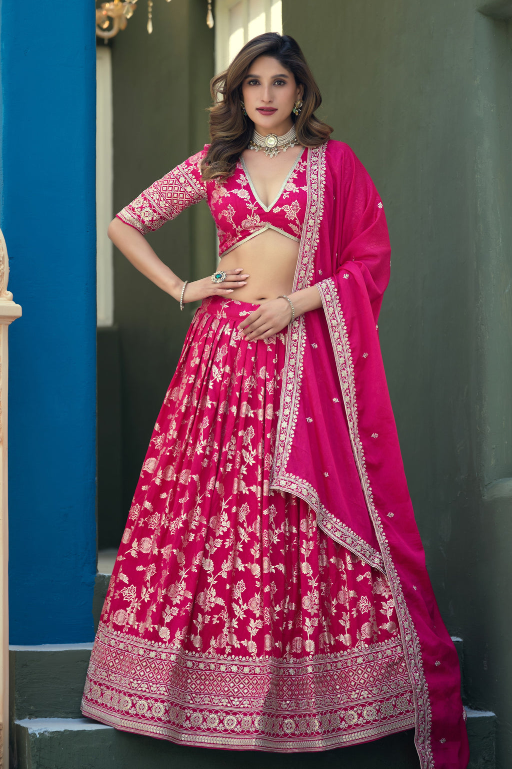 Deep Pink Lehenga for Marriage Reception with Embroidery