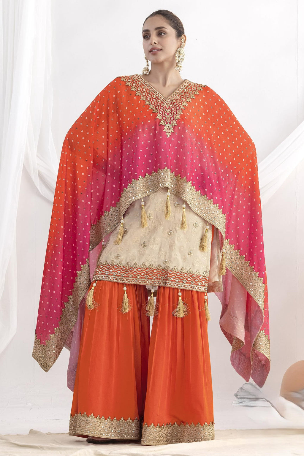 Orange Simmer Jacquad Silk Kameez With Attech Kaftan With Sharara For Indian & Pakistani Wedding Festival - Sequins & Thread Embroidery Work, Print Work