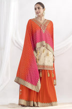 Orange Simmer Jacquad Silk Kameez With Attech Kaftan With Sharara For Indian & Pakistani Wedding Festival - Sequins & Thread Embroidery Work, Print Work