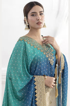 Teal Simmer Jacquad Silk Kameez With Attech Kaftan With Sharara For Indian & Pakistani Wedding Festival - Sequins & Thread Embroidery Work, Print Work