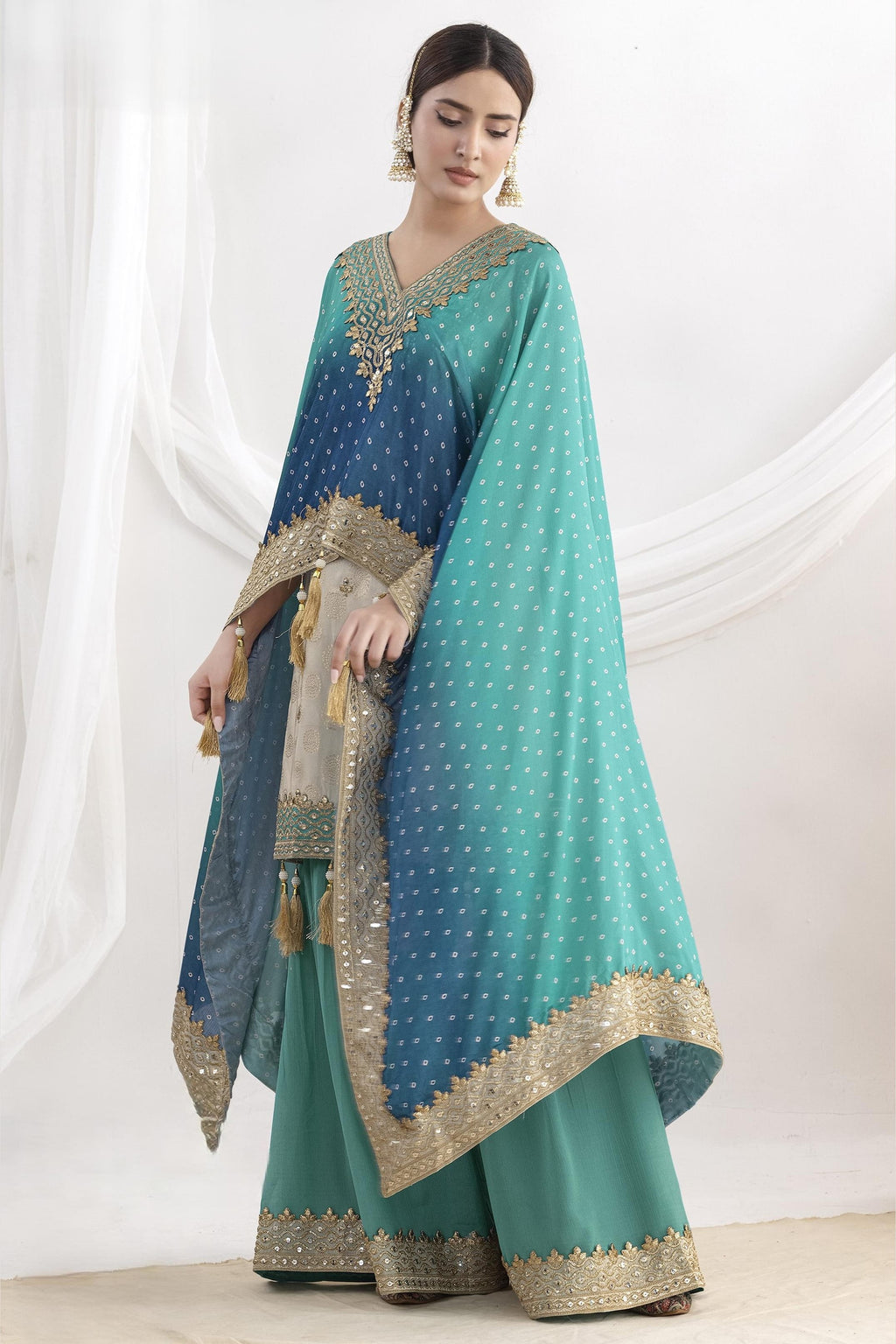 Teal Simmer Jacquad Silk Kameez With Attech Kaftan With Sharara For Indian & Pakistani Wedding Festival - Sequins & Thread Embroidery Work, Print Work