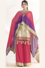 Pink Simmer Jacquad Silk Kameez With Attech Kaftan With Sharara For Indian & Pakistani Wedding Festival - Sequins & Thread Embroidery Work, Print Work