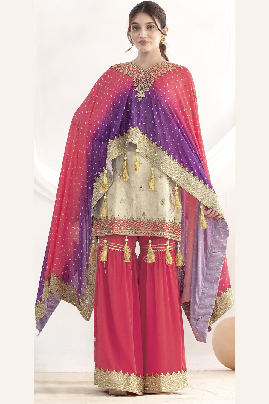 Pink Simmer Jacquad Silk Kameez With Attech Kaftan With Sharara For Indian & Pakistani Wedding Festival - Sequins & Thread Embroidery Work, Print Work