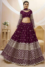 Wine Georgette Lehenga Choli For Indian & Pakistani Wedding Festival - Sequins & Thread Embroidery Work, Zari Work