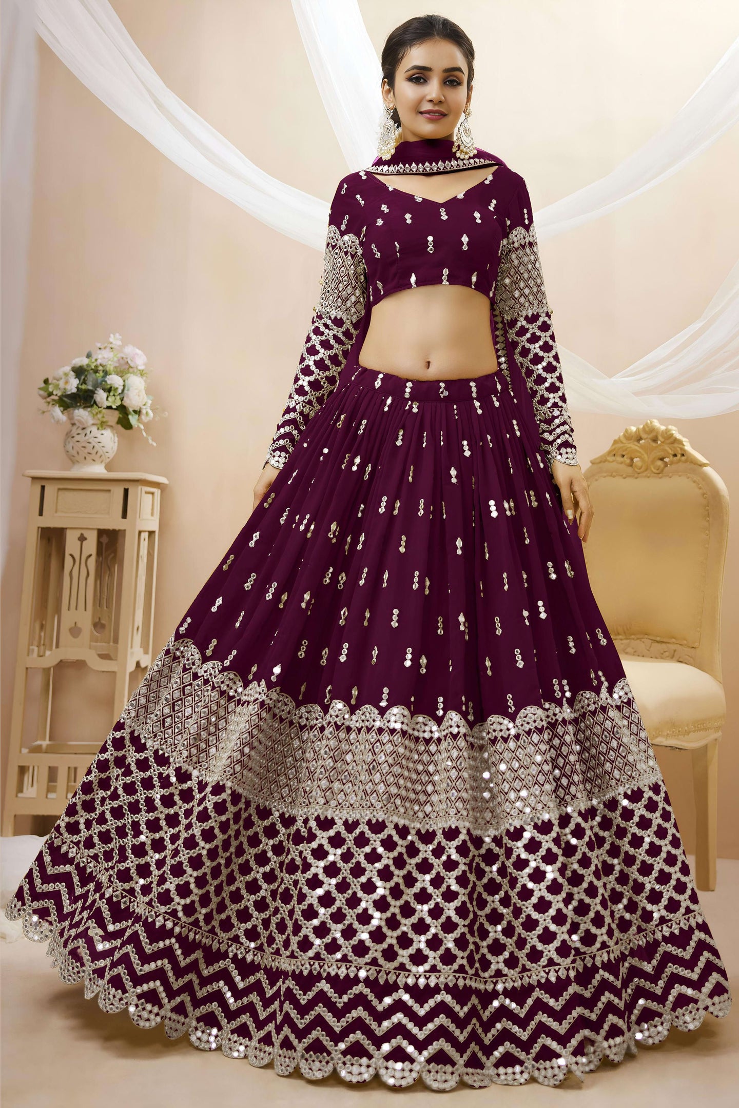 Wine Georgette Lehenga Choli For Indian & Pakistani Wedding Festival - Sequins & Thread Embroidery Work, Zari Work