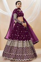 Wine Georgette Lehenga Choli For Indian & Pakistani Wedding Festival - Sequins & Thread Embroidery Work, Zari Work