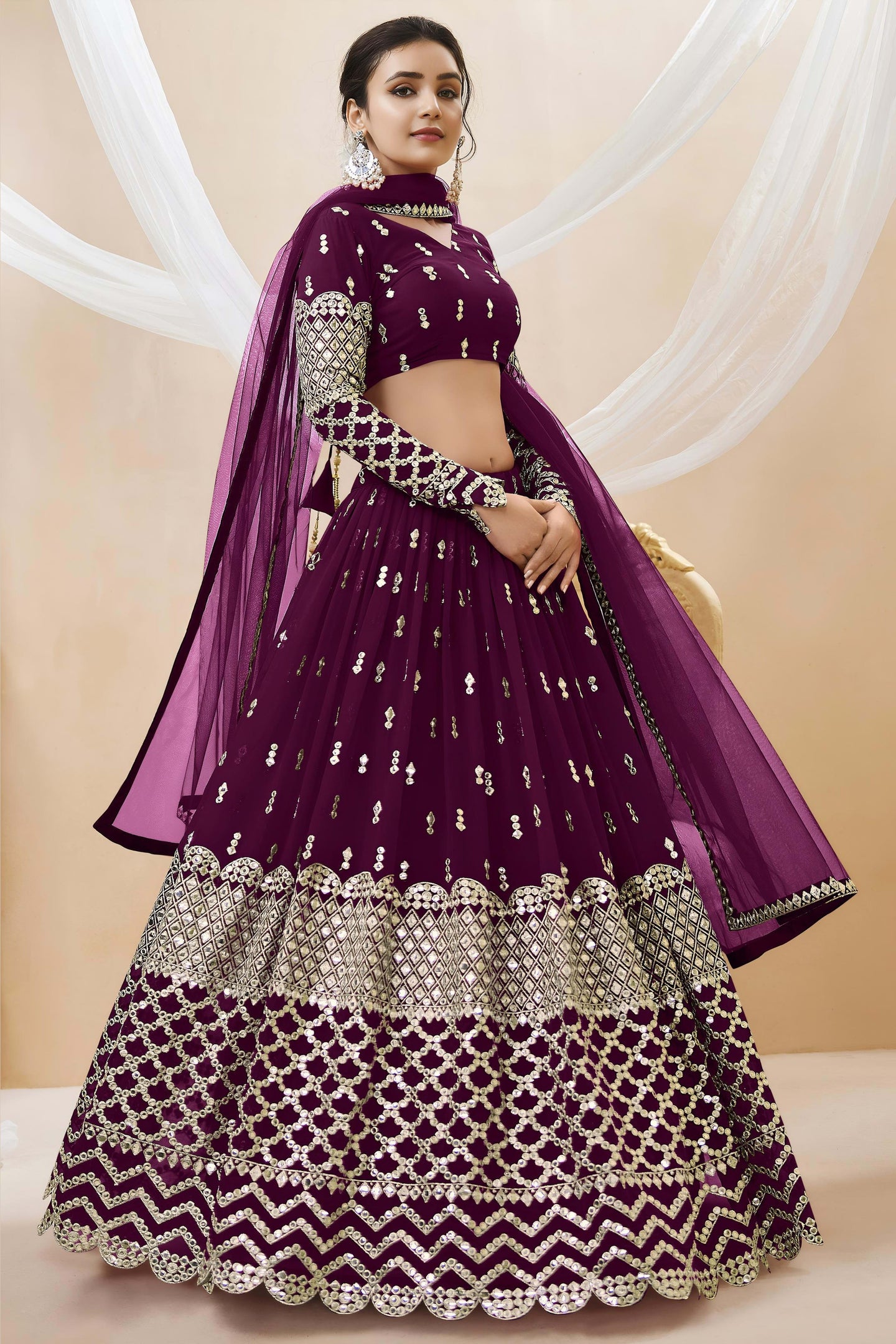 Wine Georgette Lehenga Choli For Indian & Pakistani Wedding Festival - Sequins & Thread Embroidery Work, Zari Work