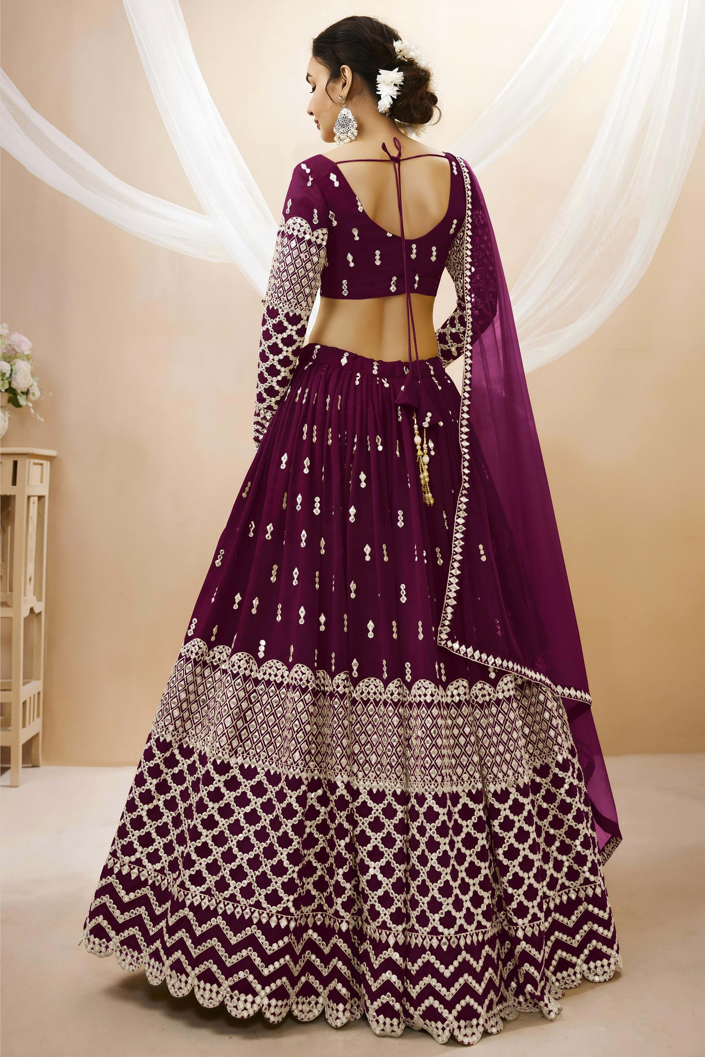 Wine Georgette Lehenga Choli For Indian & Pakistani Wedding Festival - Sequins & Thread Embroidery Work, Zari Work