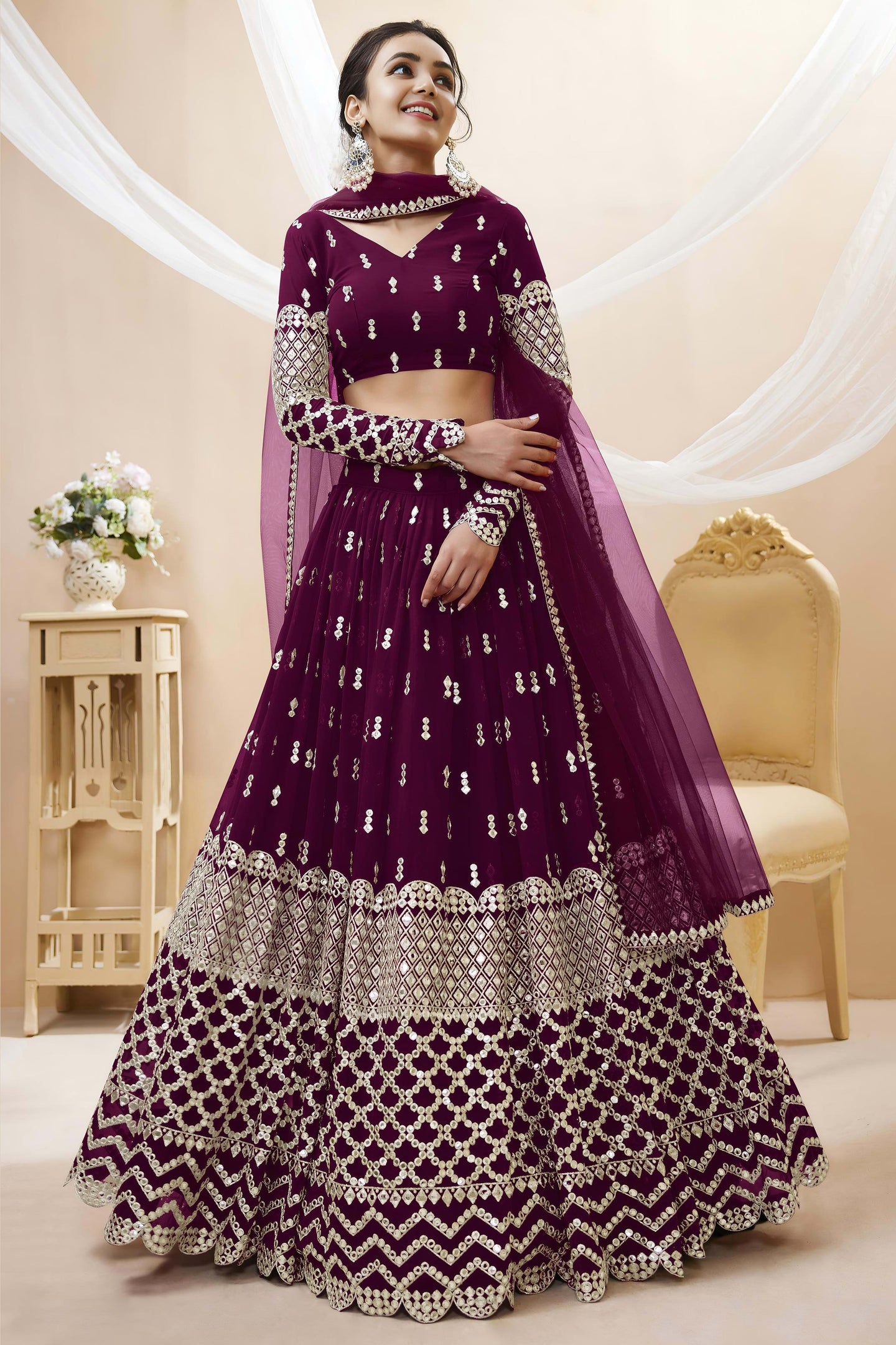 Wine Georgette Lehenga Choli For Indian & Pakistani Wedding Festival - Sequins & Thread Embroidery Work, Zari Work