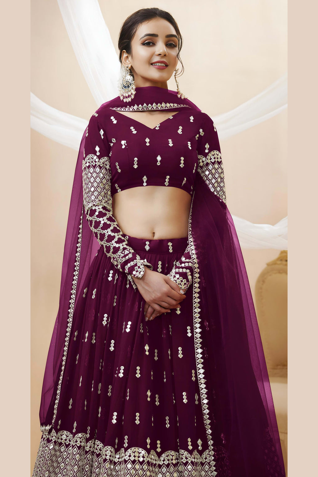 Wine Georgette Lehenga Choli For Indian & Pakistani Wedding Festival - Sequins & Thread Embroidery Work, Zari Work