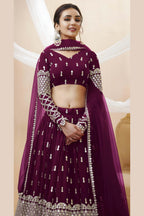 Wine Georgette Lehenga Choli For Indian & Pakistani Wedding Festival - Sequins & Thread Embroidery Work, Zari Work